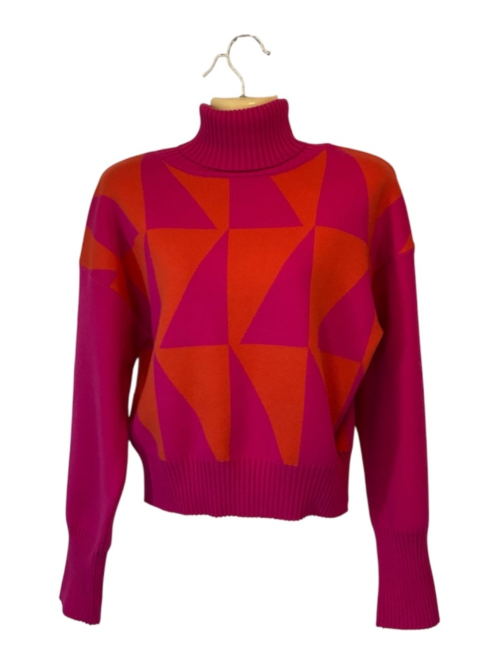 Deluc Geometric Triangle Turtleneck Sweater Preppy Colorblock Pink Orange Medium
